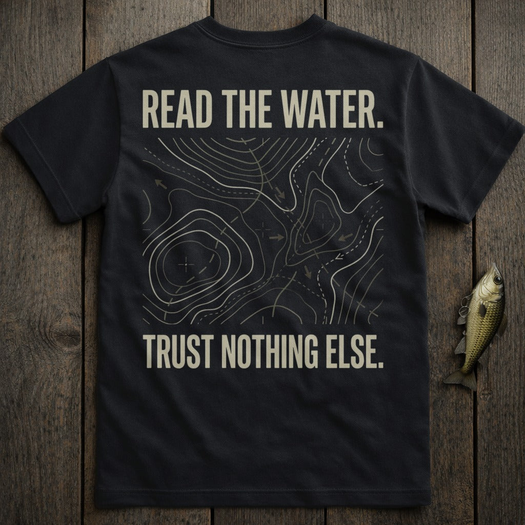 Black t-shirt with topographic map design and text "READ THE WATER. TRUST NOTHING ELSE."