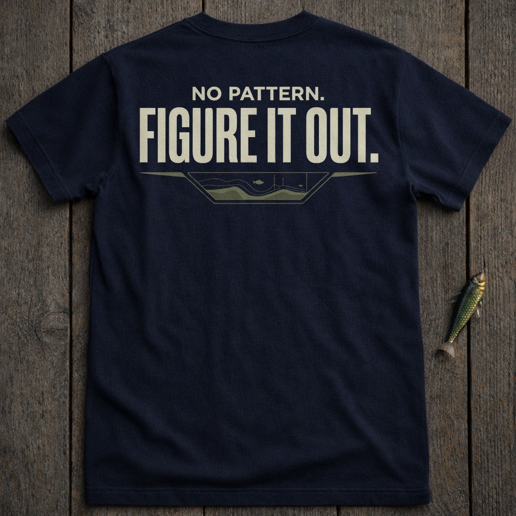 Navy t-shirt with "NO PATTERN. FIGURE IT OUT." text.