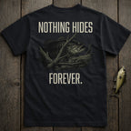 Black t-shirt with bass fish illustration and "Nothing Hides Forever" text.