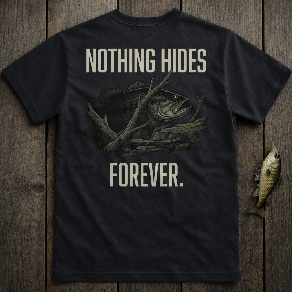 Black t-shirt with bass fish illustration and "Nothing Hides Forever" text.