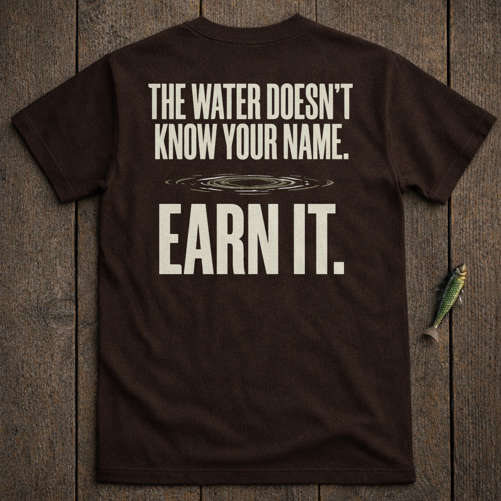Brown t-shirt with "The water doesn't know your name. Earn it." text.