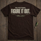 Brown t-shirt with "NO PATTERN. FIGURE IT OUT." text and fish graphic.