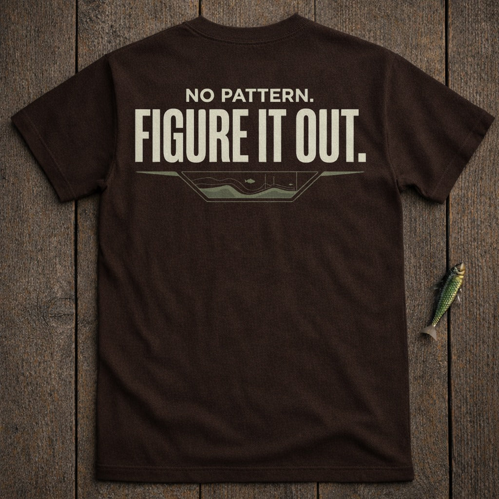 Brown t-shirt with "NO PATTERN. FIGURE IT OUT." text and fish graphic.