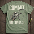 Green t-shirt with "COMMIT ON CONTACT" text and a fishing rod.