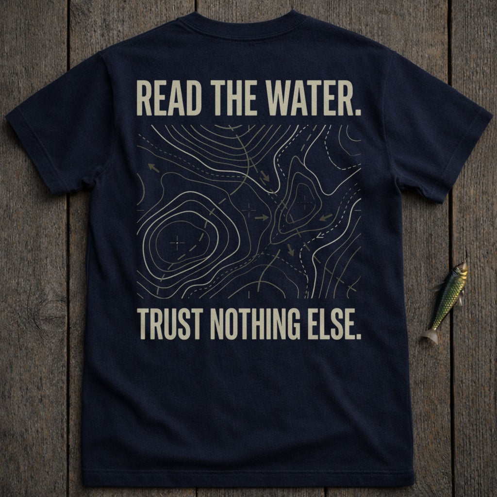 Navy t-shirt with topographic map graphic and text: READ THE WATER. TRUST NOTHING ELSE.