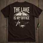Brown t-shirt with "The Lake Is My Office" text and fishing rod graphic.