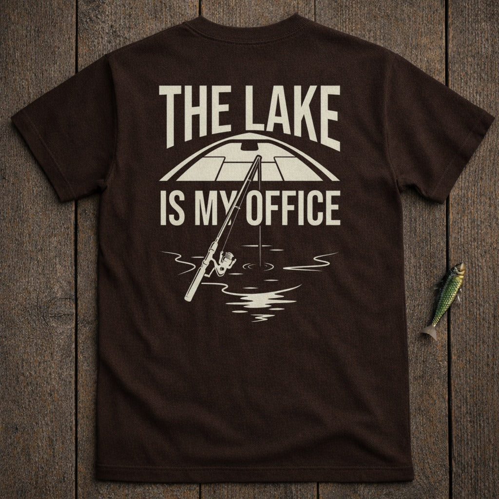 Brown t-shirt with "The Lake Is My Office" text and fishing rod graphic.