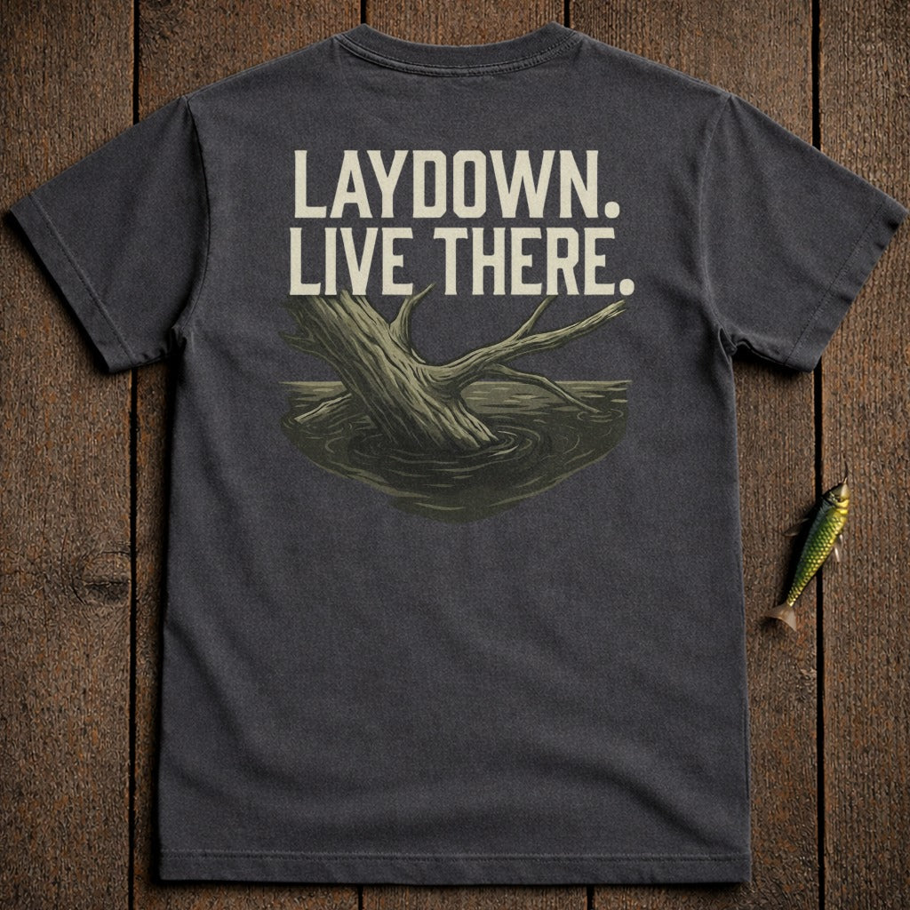Dark t-shirt with "LAYDOWN. LIVE THERE." text and submerged log graphic.