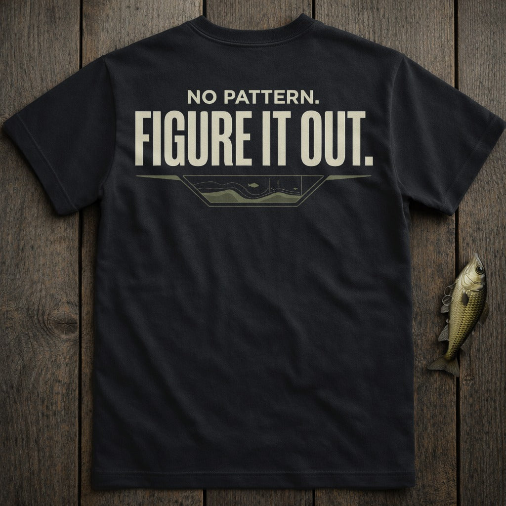 Black t-shirt with "NO PATTERN. FIGURE IT OUT." graphic.