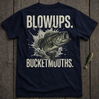Dark navy t-shirt with white text "BLOWUPS. BUCKETMOUTHS." and a largemouth bass splashing water.