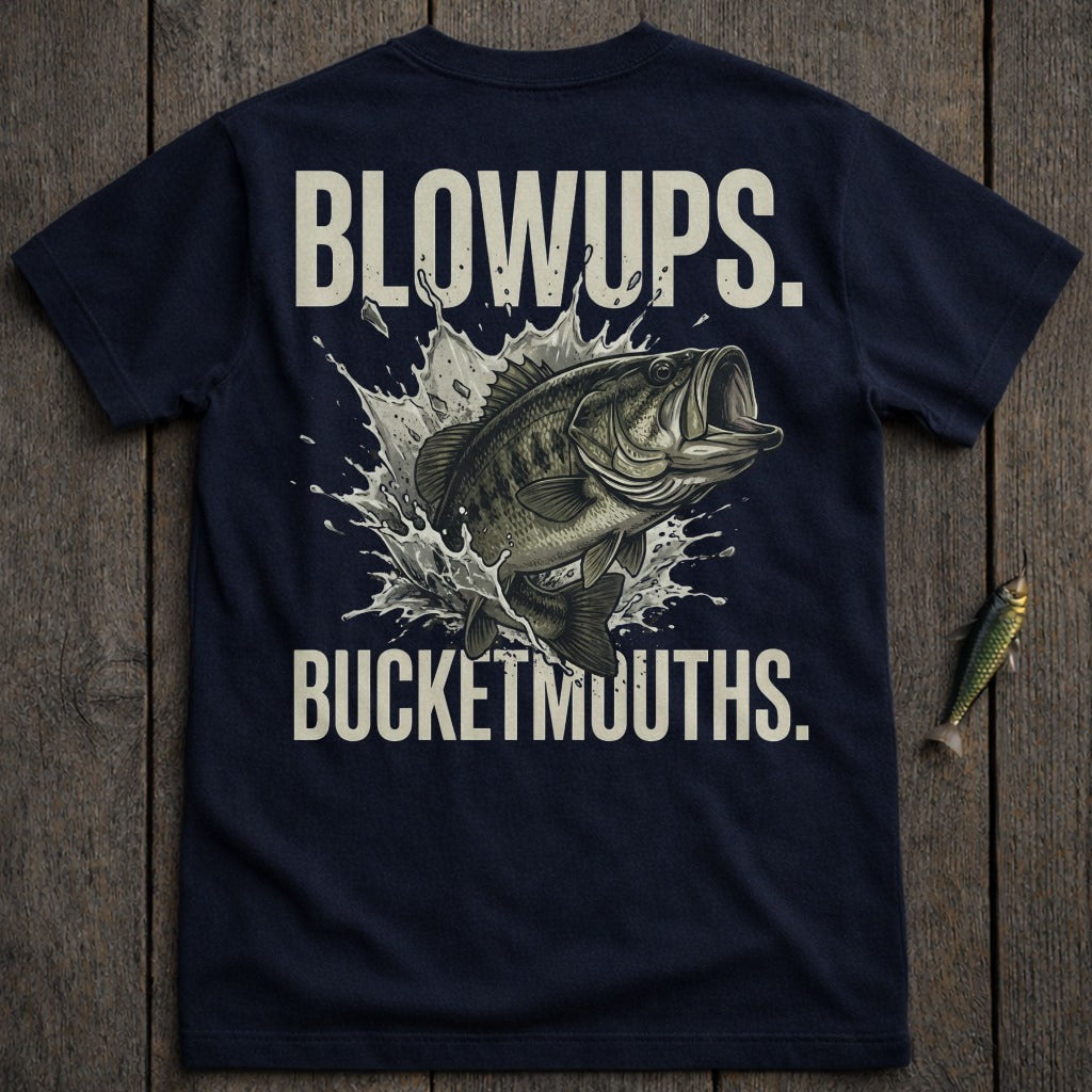 Dark navy t-shirt with white text "BLOWUPS. BUCKETMOUTHS." and a largemouth bass splashing water.