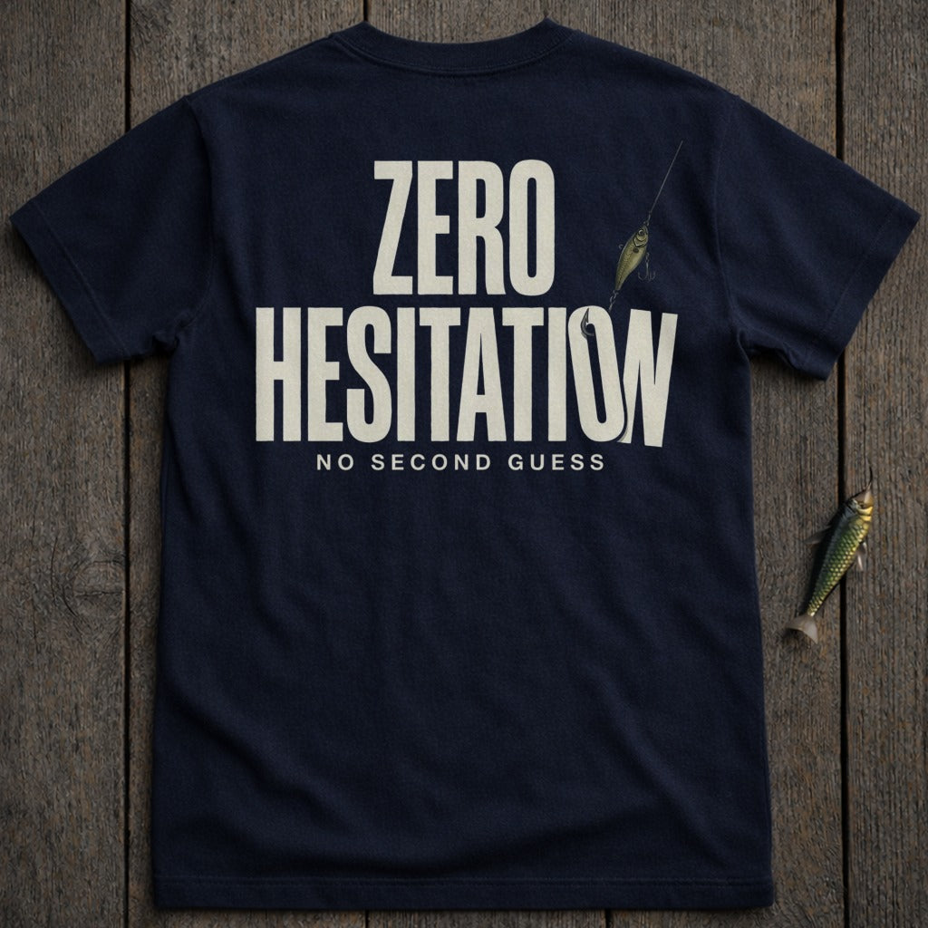 Dark blue t-shirt with "ZERO HESITATION NO SECOND GUESS" text and fishing lure.