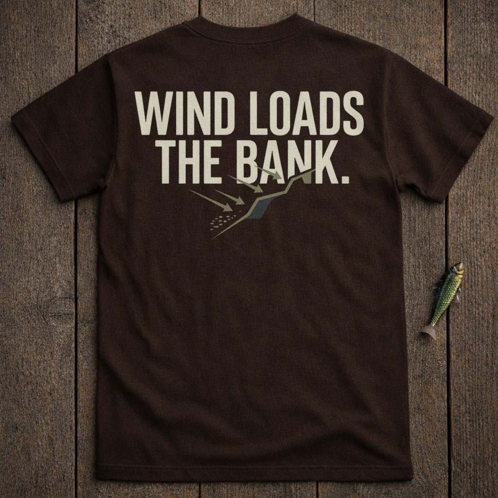 Brown t-shirt with "Wind Loads The Bank" and a duck graphic.