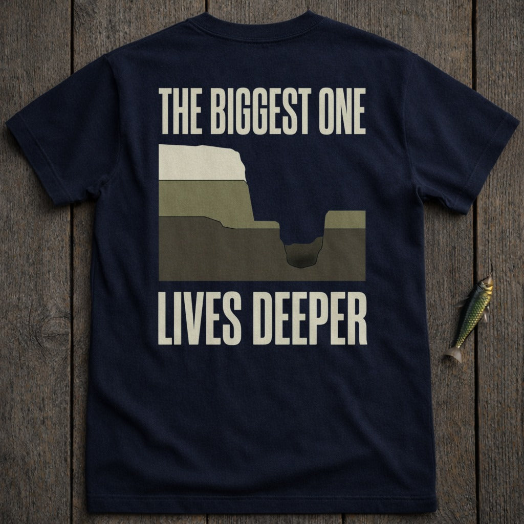 Dark blue t-shirt with "THE BIGGEST ONE LIVES DEEPER" and geological layers.