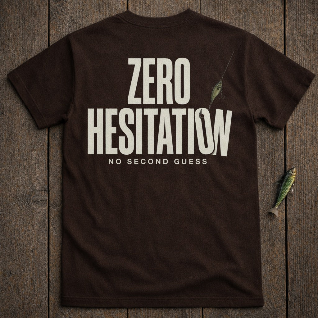 Brown t-shirt with "ZERO HESITATION NO SECOND GUESS" and two fishing lures.
