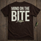Brown t-shirt with "Mind on the Bite" graphic and fishing lure.