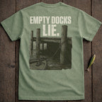 T-shirt with graphic of a boat tied to a dock with text "EMPTY DOCKS LIE."