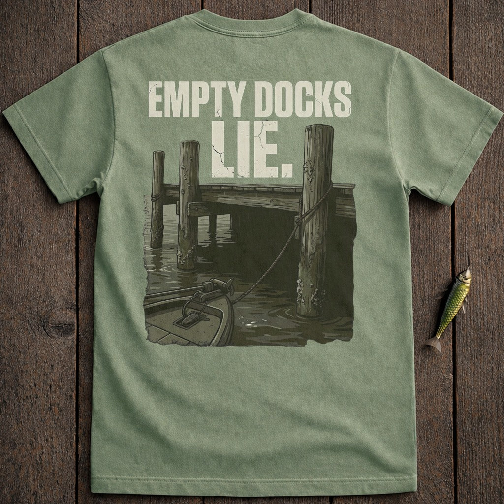 T-shirt with graphic of a boat tied to a dock with text "EMPTY DOCKS LIE."