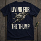 Navy t-shirt with "LIVING FOR THE THUMP" and a fishing reel.