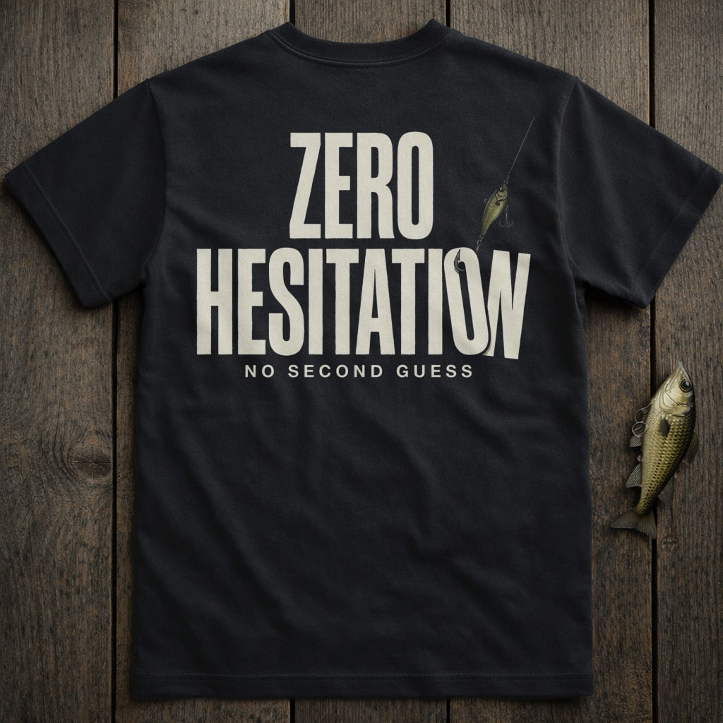 Black t-shirt with "ZERO HESITATION NO SECOND GUESS" text and fishing lure.