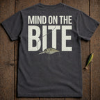 Dark t-shirt with "MIND ON THE BITE" text and fishing lure graphic.