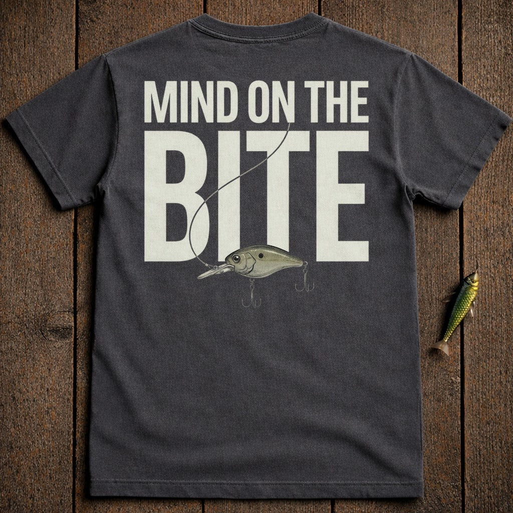 Dark t-shirt with "MIND ON THE BITE" text and fishing lure graphic.