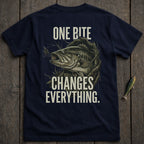 Navy t-shirt with bass fish and text "ONE BITE CHANGES EVERYTHING."