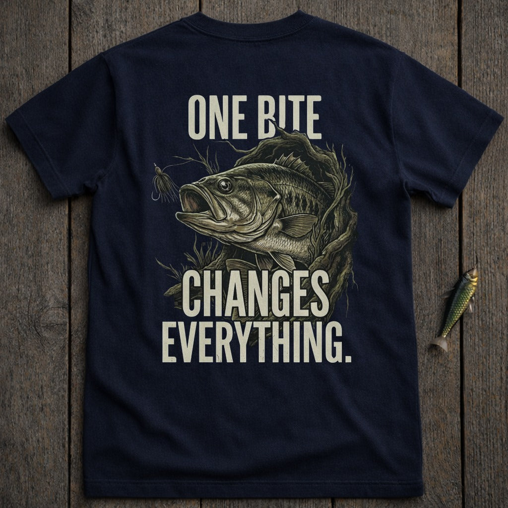 Navy t-shirt with bass fish and text "ONE BITE CHANGES EVERYTHING."