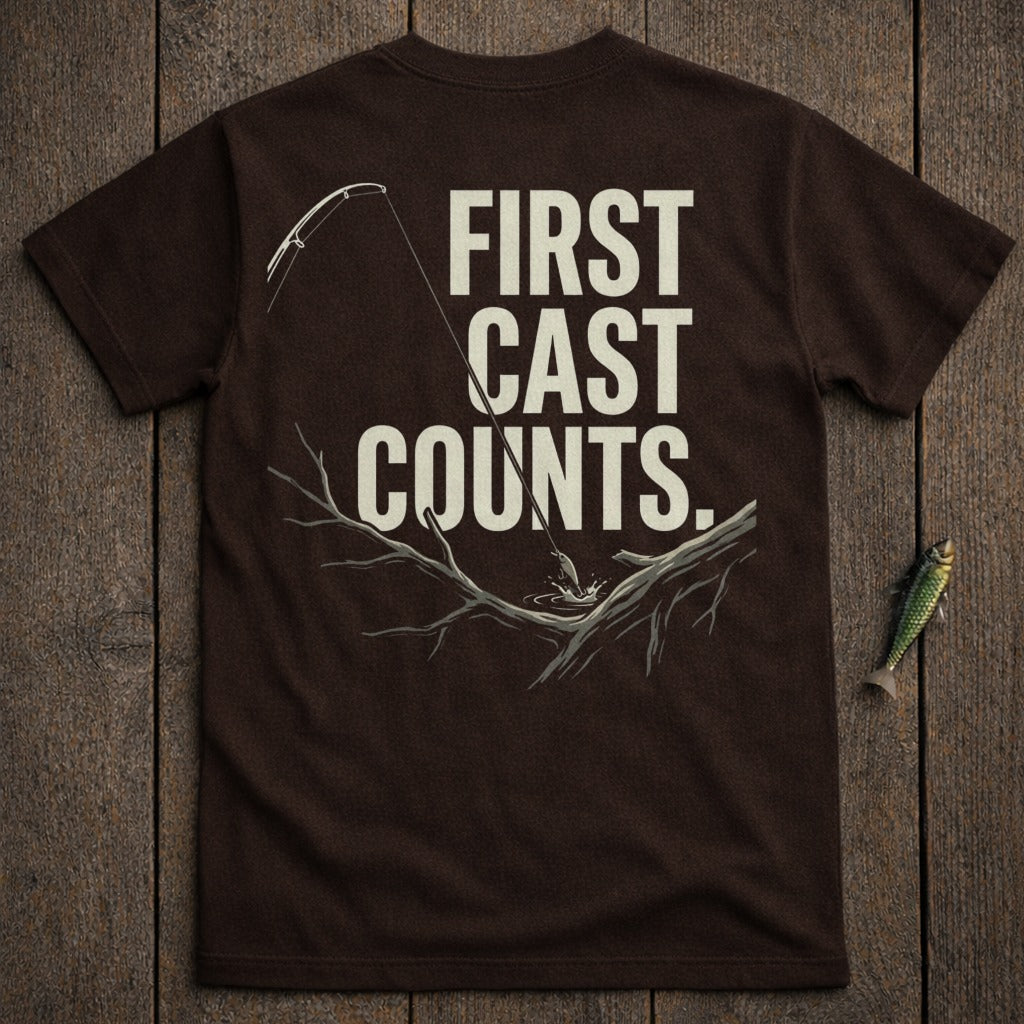 Brown t-shirt with "FIRST CAST COUNTS." text and fishing lure graphic.