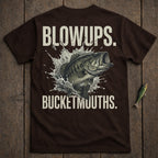 Brown t-shirt with a largemouth bass leaping from water and text "BLOWUPS. BUCKETMOUTHS."