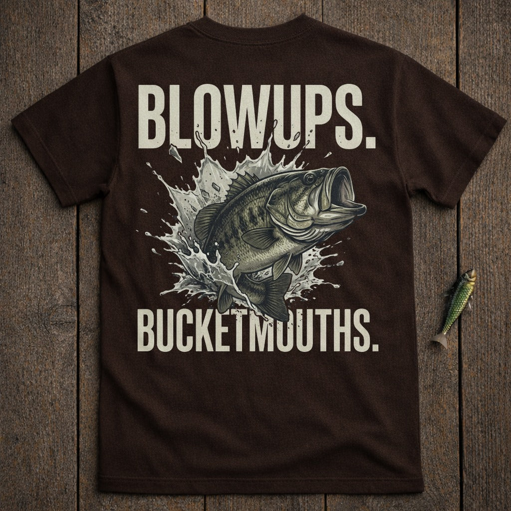 Brown t-shirt with a largemouth bass leaping from water and text "BLOWUPS. BUCKETMOUTHS."