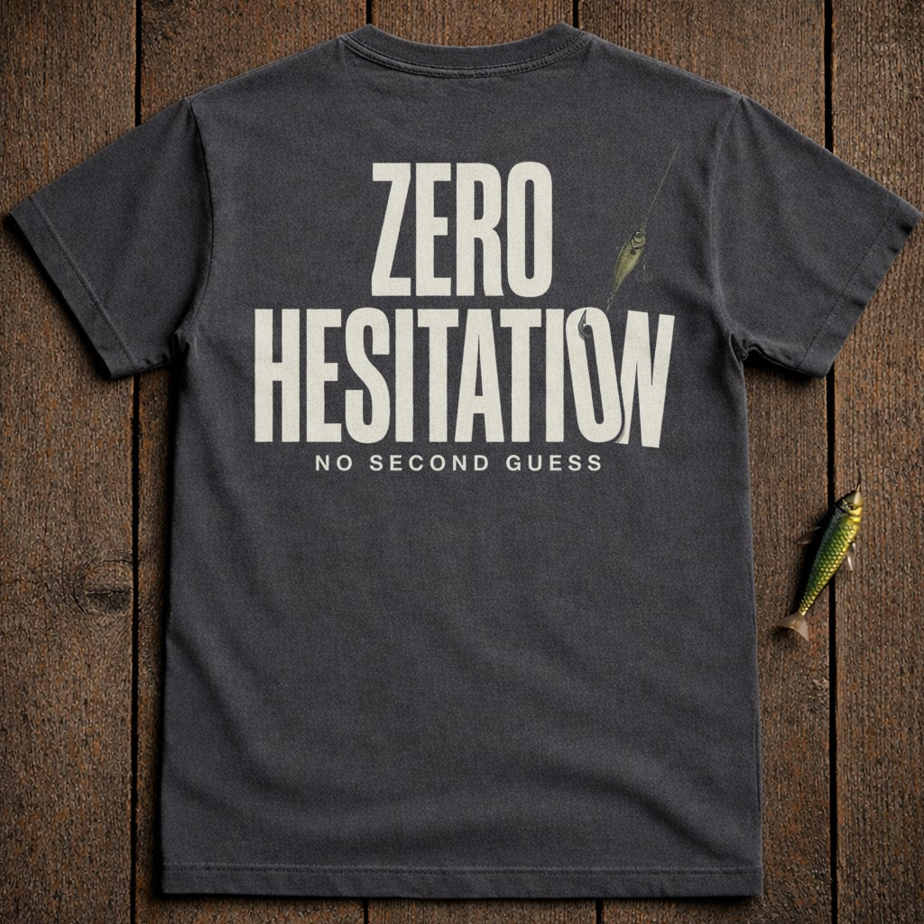Dark gray t-shirt with "ZERO HESITATION NO SECOND GUESS" text and fishing lure.
