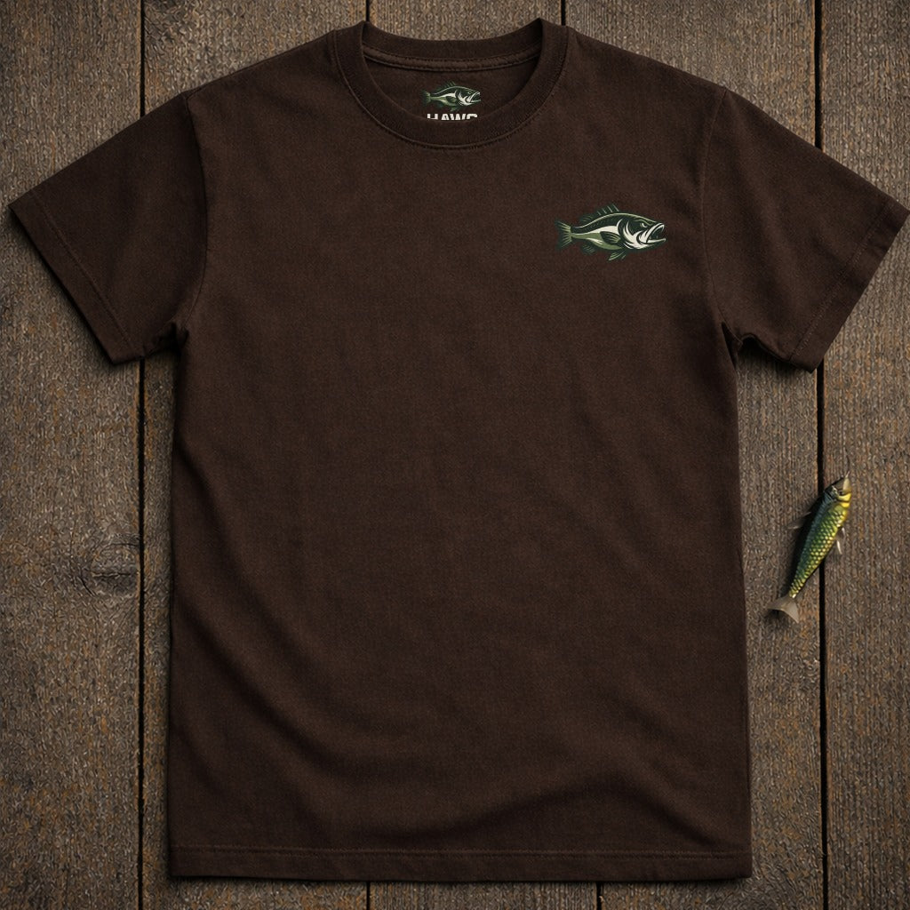 Brown t-shirt with a green bass fish logo on the left chest.