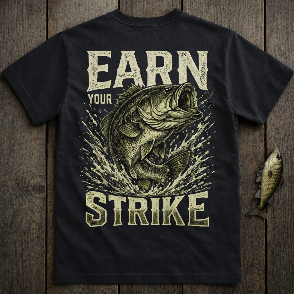 Black t-shirt with a bass leaping from water, "EARN YOUR STRIKE" text.