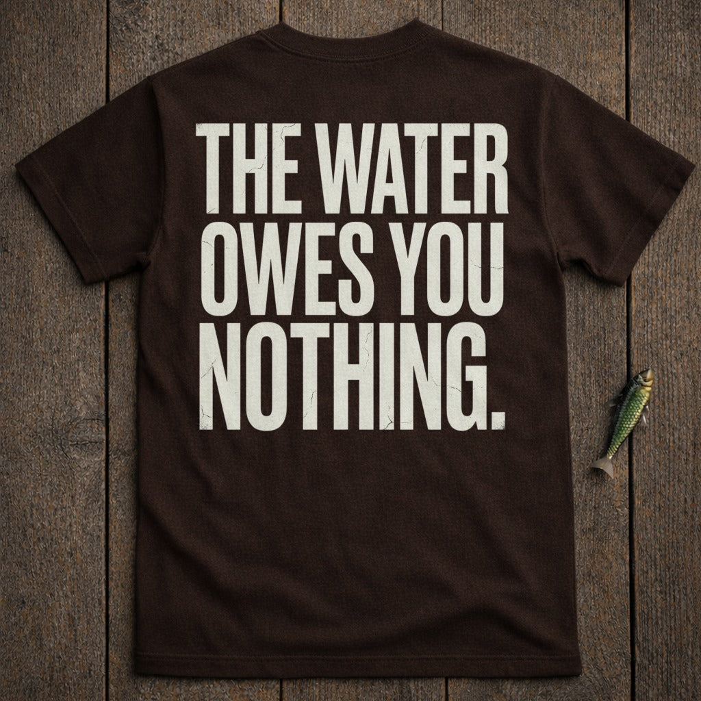 Brown t-shirt with "THE WATER OWES YOU NOTHING." printed in white text.