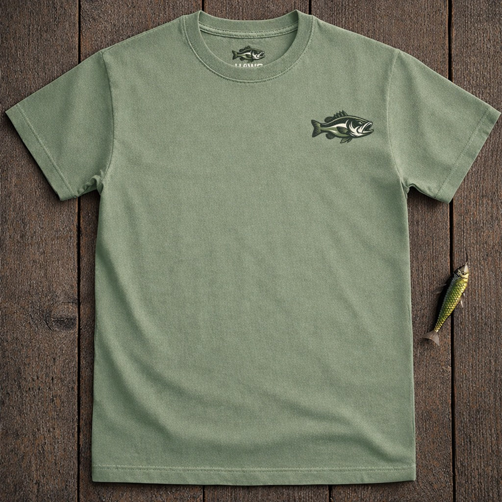 Olive green t-shirt with a small bass fish logo on the left chest.