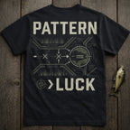 Black t-shirt with "PATTERN > LUCK" and fishing diagram.