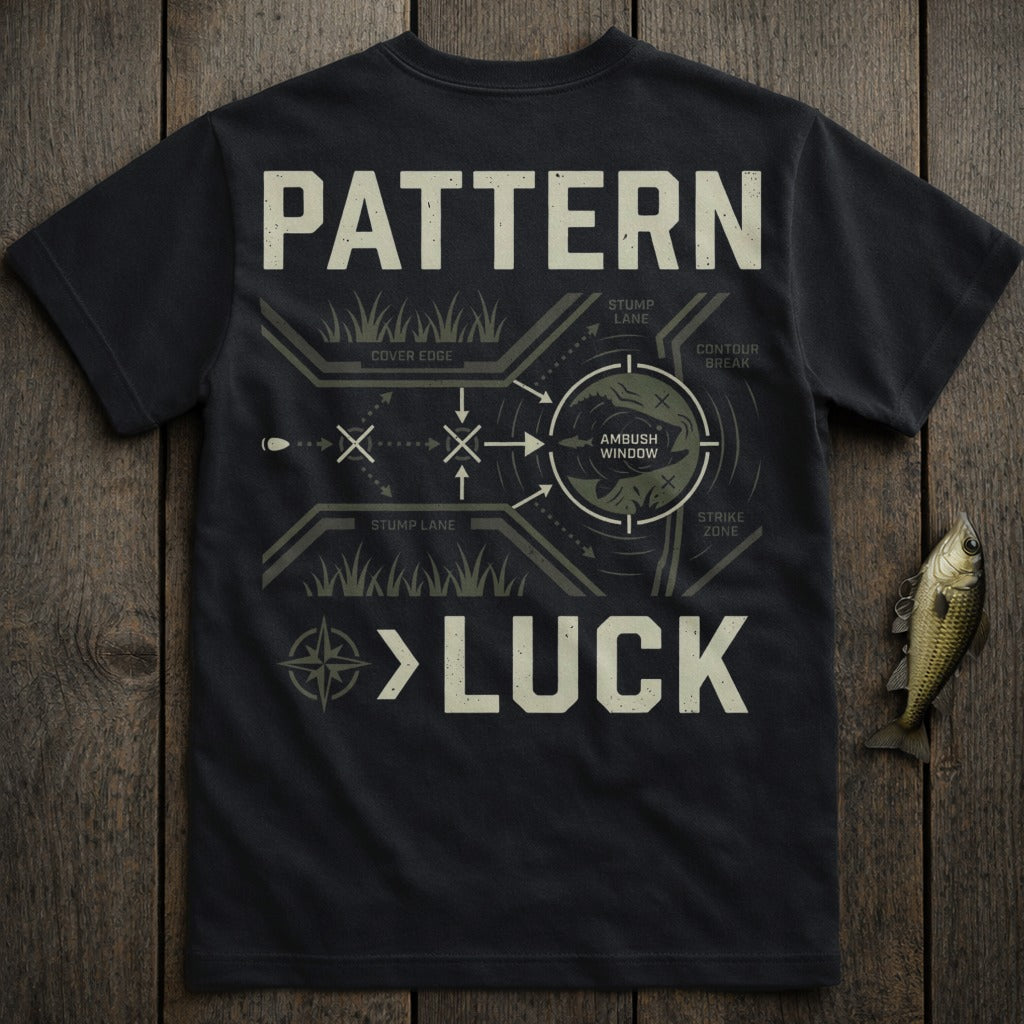 Black t-shirt with "PATTERN > LUCK" and fishing diagram.